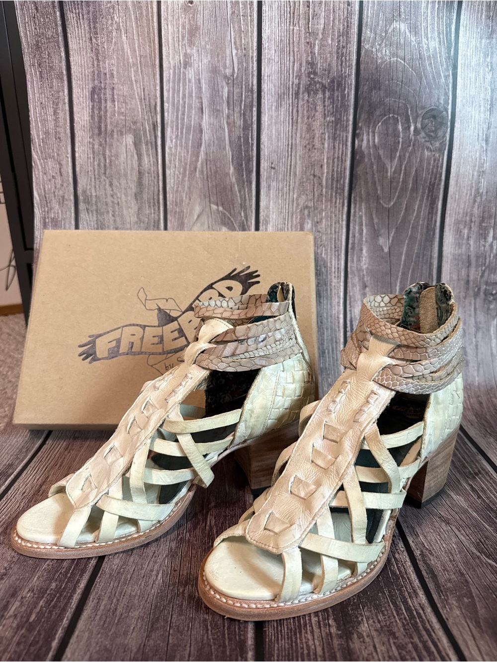 Freebird by Steven Cream Braided Strappy Block Heel Sandals